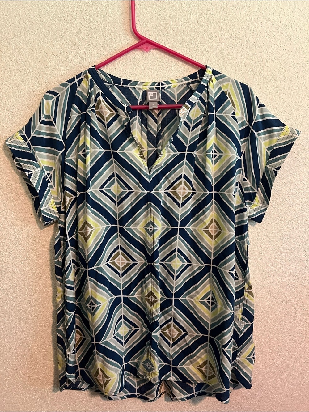 jcpenney Geometric Split-Neck Short-Sleeve Top - Navy & Green Large